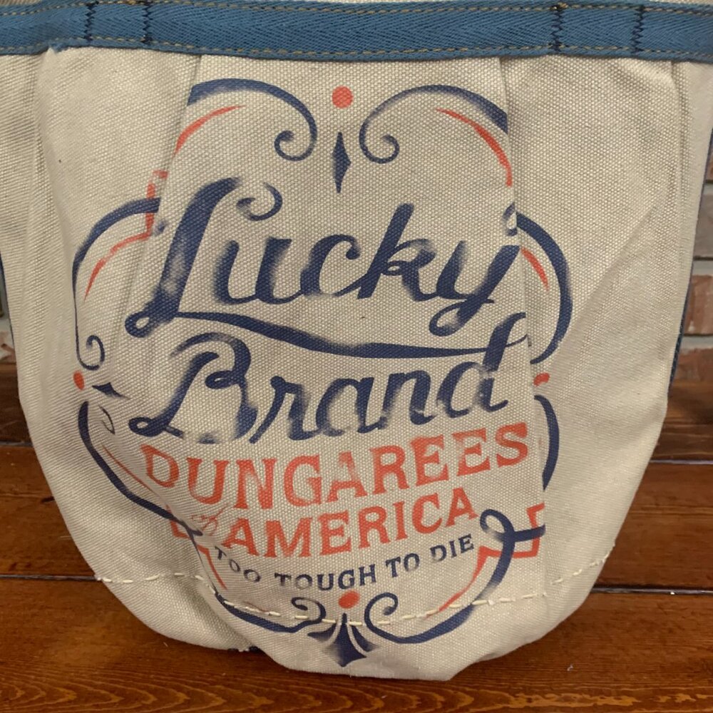 Lucky Brand Dungarees Large Cream Blue Women's Canvas Tote Bucket Bag GUC - Picture 4 of 11